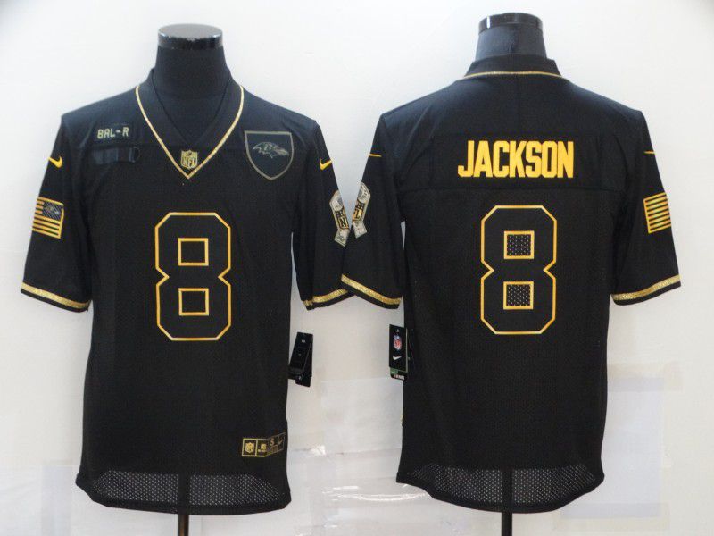 Men Baltimore Ravens #8 Jackson Black Retro Gold Lettering 2020 Nike NFL Jersey->miami dolphins->NFL Jersey